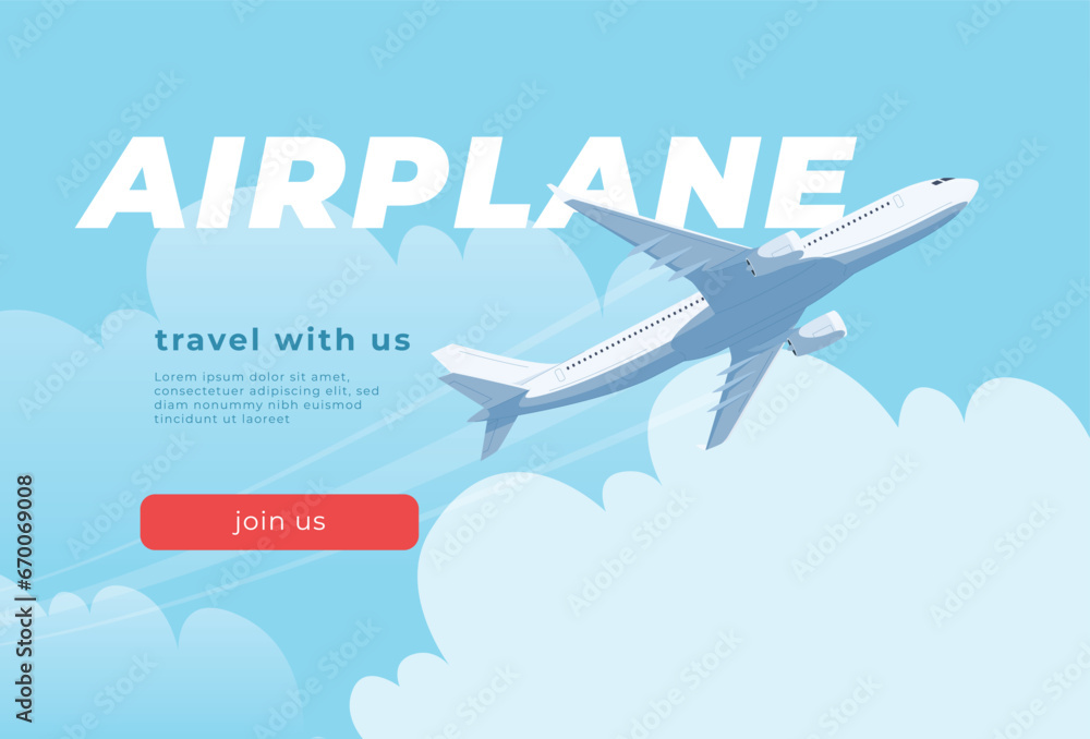 Banner with an airplane on the background of the sky. Passenger and cargo air transport. A quick long-distance flight. Vector illustration - obrazy, fototapety, plakaty 
