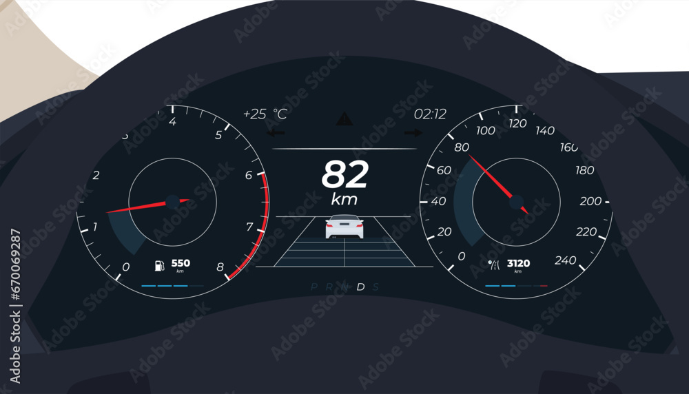 Automotive panels with sensors in the car interior. Measurement of car speed and engine revolutions. Vector illustration