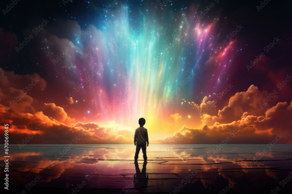 Fototapeta premium Boy with rainbow colored imaginary world background