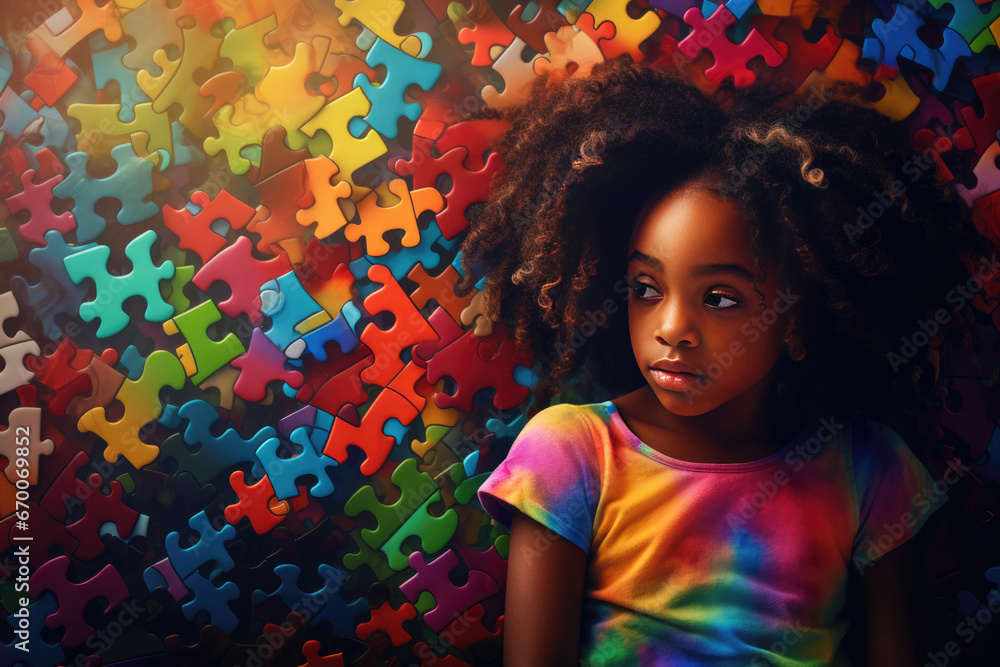Girl standing in front of rainbow colored puzzle wall - obrazy, fototapety, plakaty 