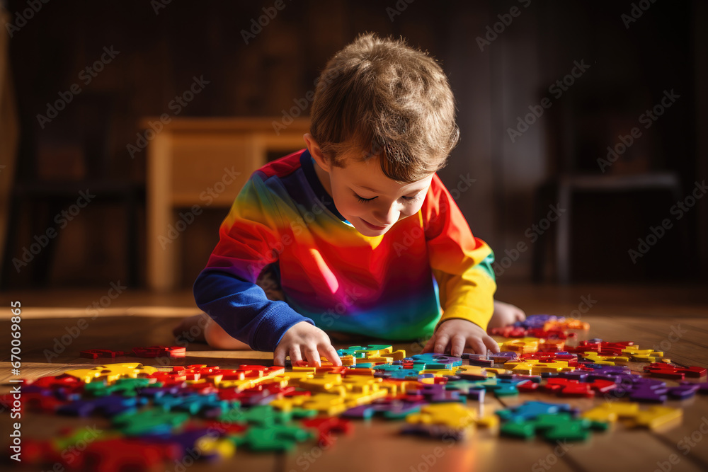 Boy playing rainbow colored jigsaw puzzle