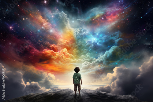 Boy with rainbow colored imaginary world background