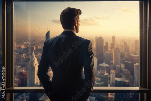 Businessman looking out of window on city skyline photo