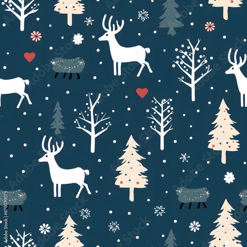 Seamless Pattern christmas elements with snow pine reindeer on dark blue background © pics3