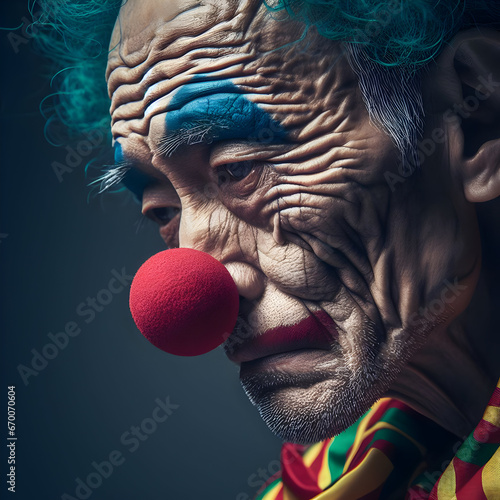 Close-Up of Old Bizarre Wrinkled Smeared Make-up Pensive Sad Male Clown Mime Portrait in a Wig and Red Nose Looking Away Crying with Tears from his Eyes. Circus Three Circus Performance. photo