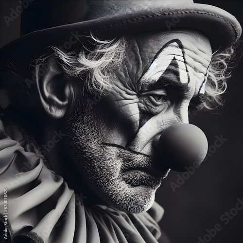 Close-Up of Old Bizarre Wrinkled Smeared Make-up Pensive Sad Male Clown Mime Portrait in a Wig and Red Nose Looking Away Crying with Tears from his Eyes. Circus Three Circus Performance.