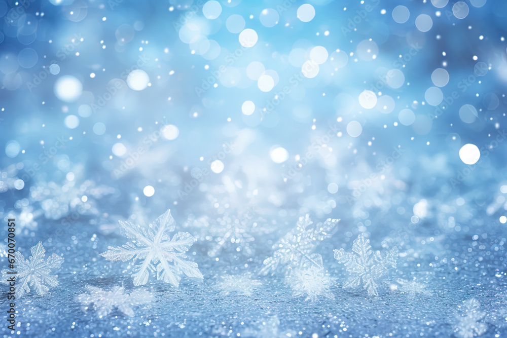 Christmas background with snowflakes and bokeh. Winter holidays celebration backdrop with snow on blurred background.