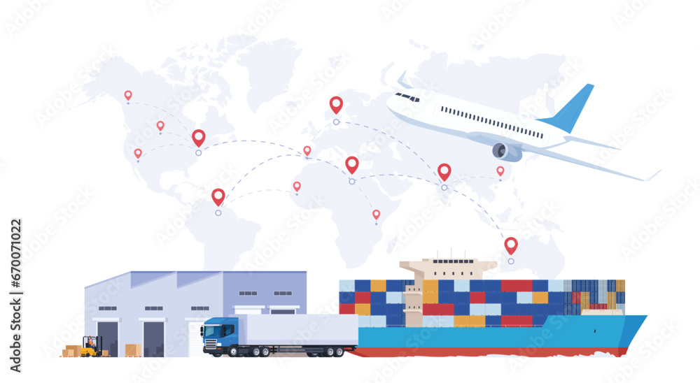 Warehouse, logistics of goods. Storage and transportation of products around the world. International transportation by sea, by air, by road. Vector illustration