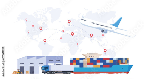 Warehouse, logistics of goods. Storage and transportation of products around the world. International transportation by sea, by air, by road. Vector illustration