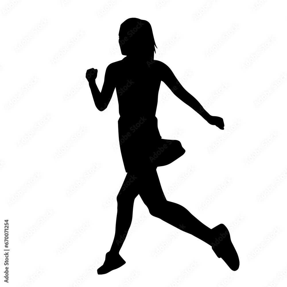 Silhouette of a female in running pose. Silhouette of a casual teenager girl wearing dress runs. 