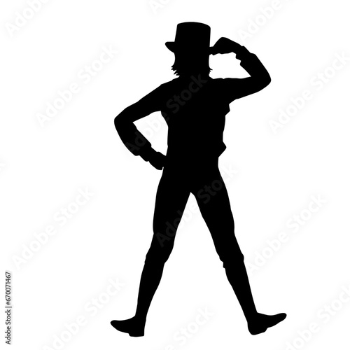 Silhouette of a female dancer in action pose. Silhouette of a woman dancing happily.