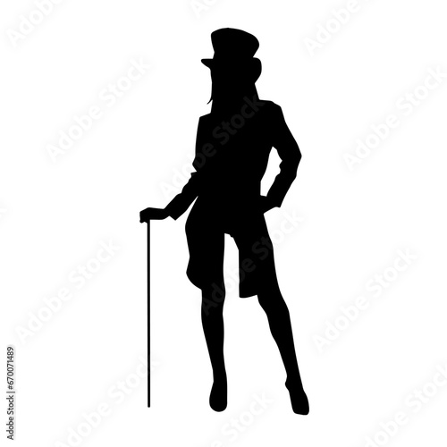 Silhouette of a female dancer in action pose. Silhouette of a woman dancing happily.