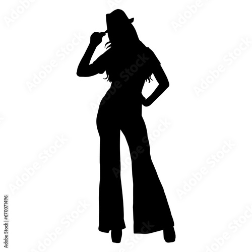 Silhouette of a woman wearing suit and fedora hat.