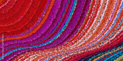 beaded pattern and design in magenta red orange turquoise striped curved pattern on a black background