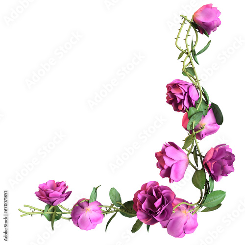 A 3d rendered illustration of a branch filled with pink roses as an overlay 