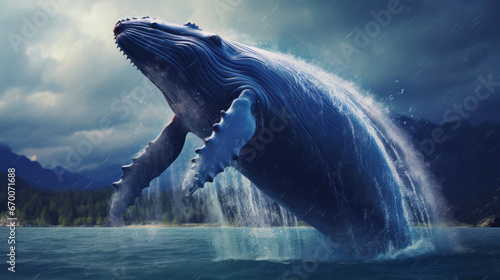 A large blue humpback whale jumps out of the water in the middle of the ocean. The strength and power of the largest mammal in the world. Marine inhabitants Generative AI.