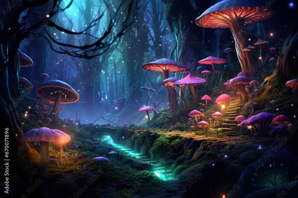 Whimsical fairy-tale forest with luminous mushrooms and enchanted glows.