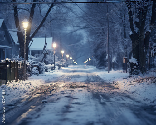 Snow-covered street of a small suburban town. Winter mood, white Christmas © matucha12