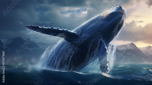 A large blue humpback whale jumps out of the water in the middle of the ocean. The strength and power of the largest mammal in the world. Marine inhabitants Generative AI. © Nikolai