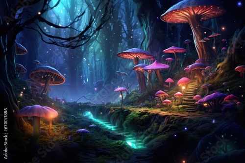 Whimsical fairy-tale forest with luminous mushrooms and enchanted glows.