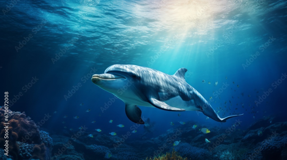 Bottlenose dolphin swims underwater among colorful beautiful exotic fish and coral reef. A beautiful intelligent sea dweller is a charming mammal in the wild. Generative AI.