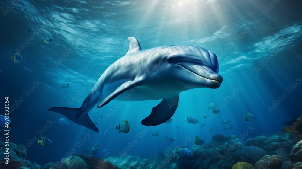Obraz premium Bottlenose dolphin swims underwater among colorful beautiful exotic fish and coral reef. A beautiful intelligent sea dweller is a charming mammal in the wild. Generative AI.