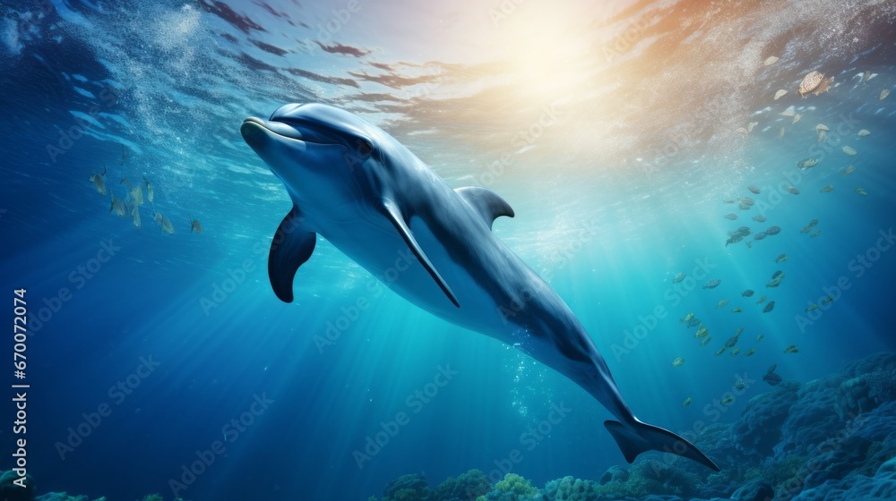 Fototapeta premium Bottlenose dolphin swims underwater among colorful beautiful exotic fish and coral reef. A beautiful intelligent sea dweller is a charming mammal in the wild. Generative AI.