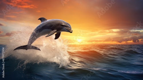 Bottlenose dolphin jumps out of the water in the middle of the ocean at sunset. A beautiful intelligent sea dweller is a charming mammal in the wild. Generative AI. © Nikolai