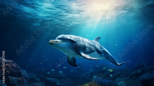 Bottlenose dolphin swims underwater among colorful beautiful exotic fish and coral reef. A beautiful intelligent sea dweller is a charming mammal in the wild. Generative AI. © Nikolai