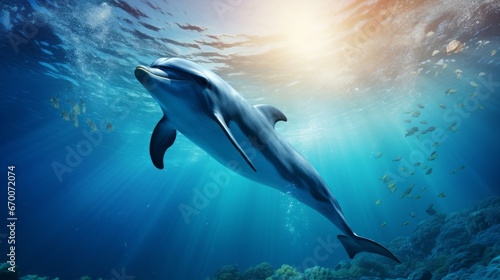 Bottlenose dolphin swims underwater among colorful beautiful exotic fish and coral reef. A beautiful intelligent sea dweller is a charming mammal in the wild. Generative AI. © Nikolai