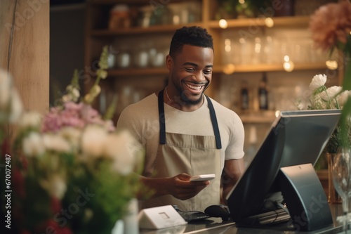 Smiling male florist holding card reader machine at counter with customer paying  photo