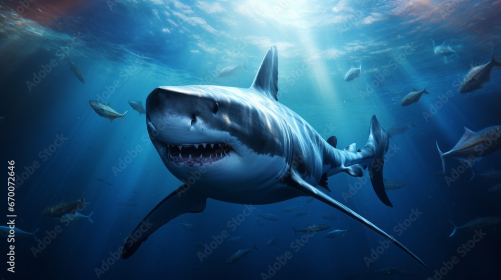 A dangerous toothy shark swims underwater hunting fish. Shark is a predator in the wild in the ocean. Front view of the scary jaws. Generative AI.
