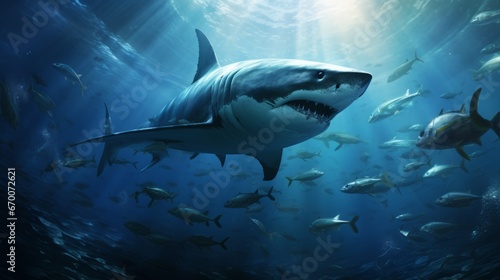 A dangerous toothy shark swims underwater hunting fish. Shark is a predator in the wild in the ocean. Front view of the scary jaws. Generative AI.