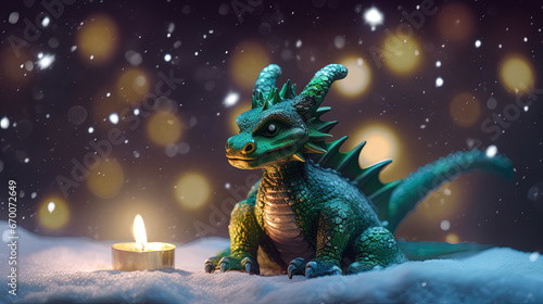 Funny cute dragon with candle for winter holidays and 2024 lunar new year celebration.
