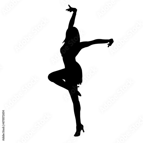 Silhouette of a female dancer in action pose. Silhouette of a woman dancing happily.