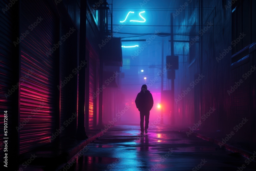 Silhouette of a mysterious person walking through a foggy urban alley illuminated by neon lights. - obrazy, fototapety, plakaty 