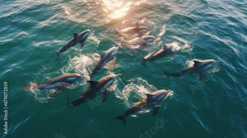 Dolphin family are adorable mammals in the wild. A group of bottlenose dolphins jumps out of the water hunting fish in the ocean. Aerial view. Generative AI. © Nikolai