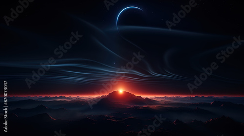 sunrise in the mountains and a view of space