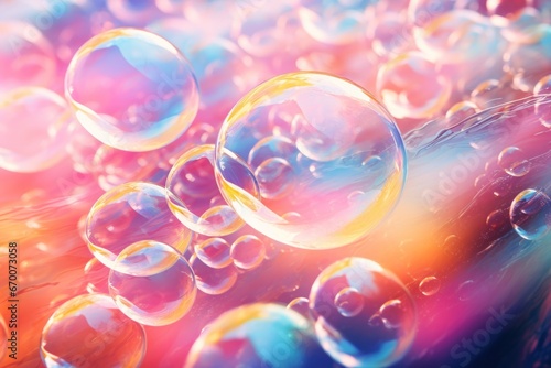 Rainbow-colored soap bubbles with iridescent reflections and floating motion - Dreamy background art.