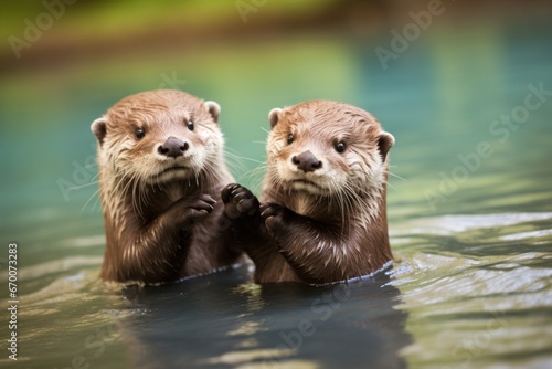 Otters Holding Hands in a River.