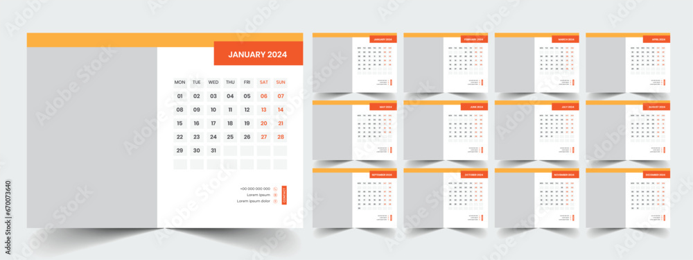 Desk Calendar 2024 template design, Office Calendar 2024 - obrazy, fototapety, plakaty 
