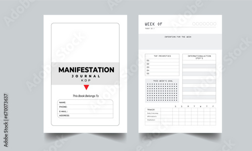 KDP Manifestation Journal Weekly Planner, Set of planner and week list. Monthly, weekly, daily planner template. Fully Vector illustration.