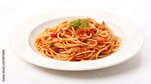 Spaghetti pasta in a white plate on a white background. Generative AI