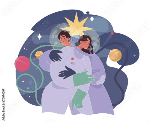 Empathy. People astronauts left alone in space. Character suffering from loneliness. Modern communication problem and self-isolation. Flat vector illustration