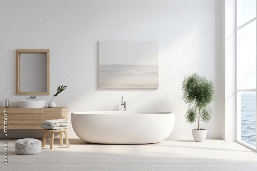 Fototapeta premium Sleek White Bathtub in a Contemporary Modern Bathroom Interior