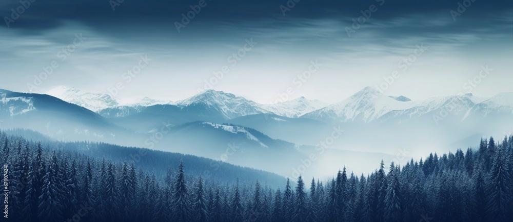 A breathtaking mountain landscape framed by lush trees