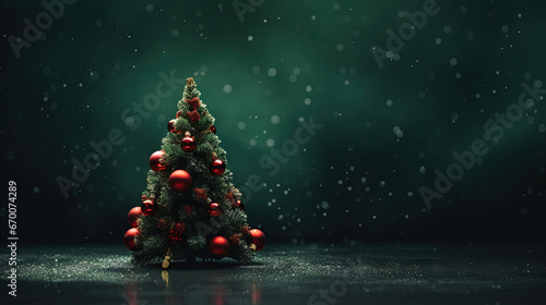 Christmas tree with glass balls on the blurred background with bokeh. Winter holidays greeting card with Xmas fir and baubles.