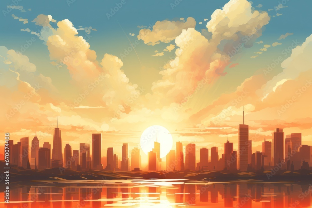 Golden hour city skyline silhouette with pastel clouds and sun rays.
