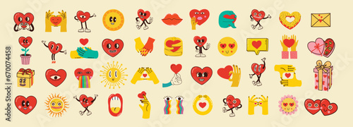 Retro happy Valentines day. Comic happy heart character in trendy retro 60s 70s cartoon style. Retro characters and elements. Groovy hippie love sticker set.