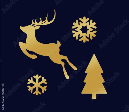vector set of golden christmas symbols. gold metallic reindeer, christmas tree and snowflakes isolated on dark background. new year decorations © Karina